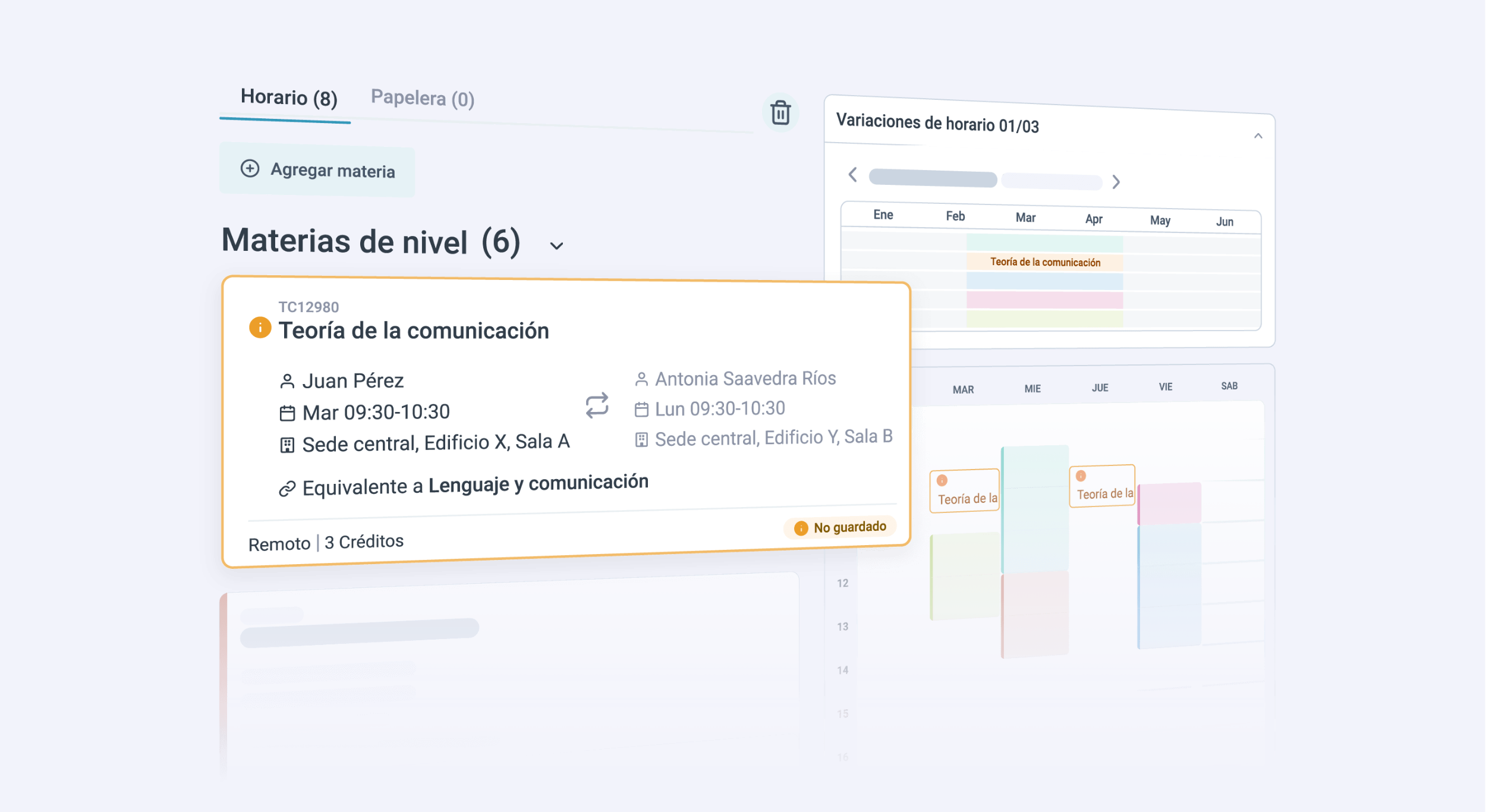 Vista gráfica del horario del estudiante, incluyendo materias y sus equivalencias.