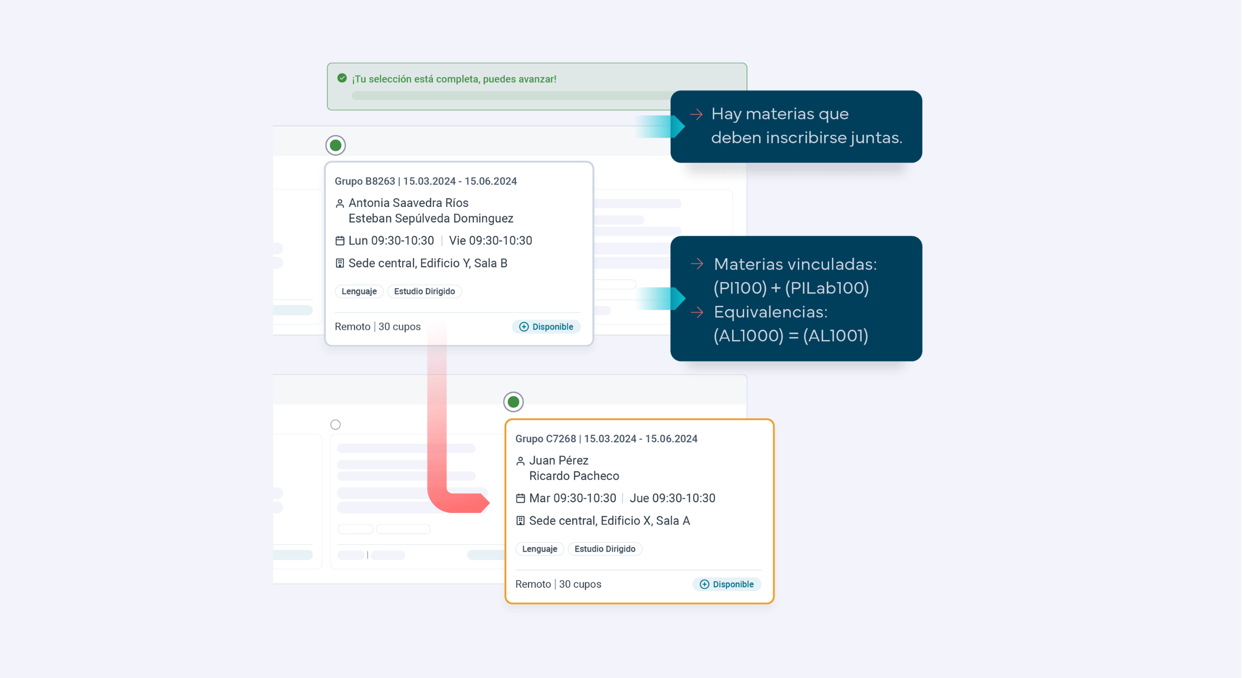 Interfaz de multiselección de grupos para una materia original y sus opciones complementarias.